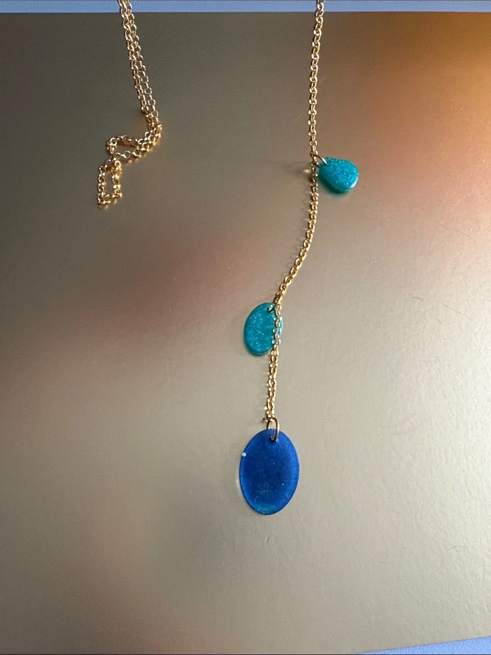 Emmy’s Creations Hand Crafted Gold Chain Necklace with Blue and Teal Glass Drops - Picture 4 of 4